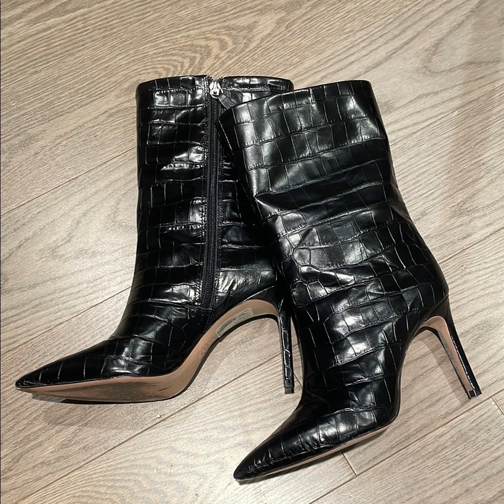 SCHUTZ Black Croc-Embossed Ankle Mid-Calf Boots